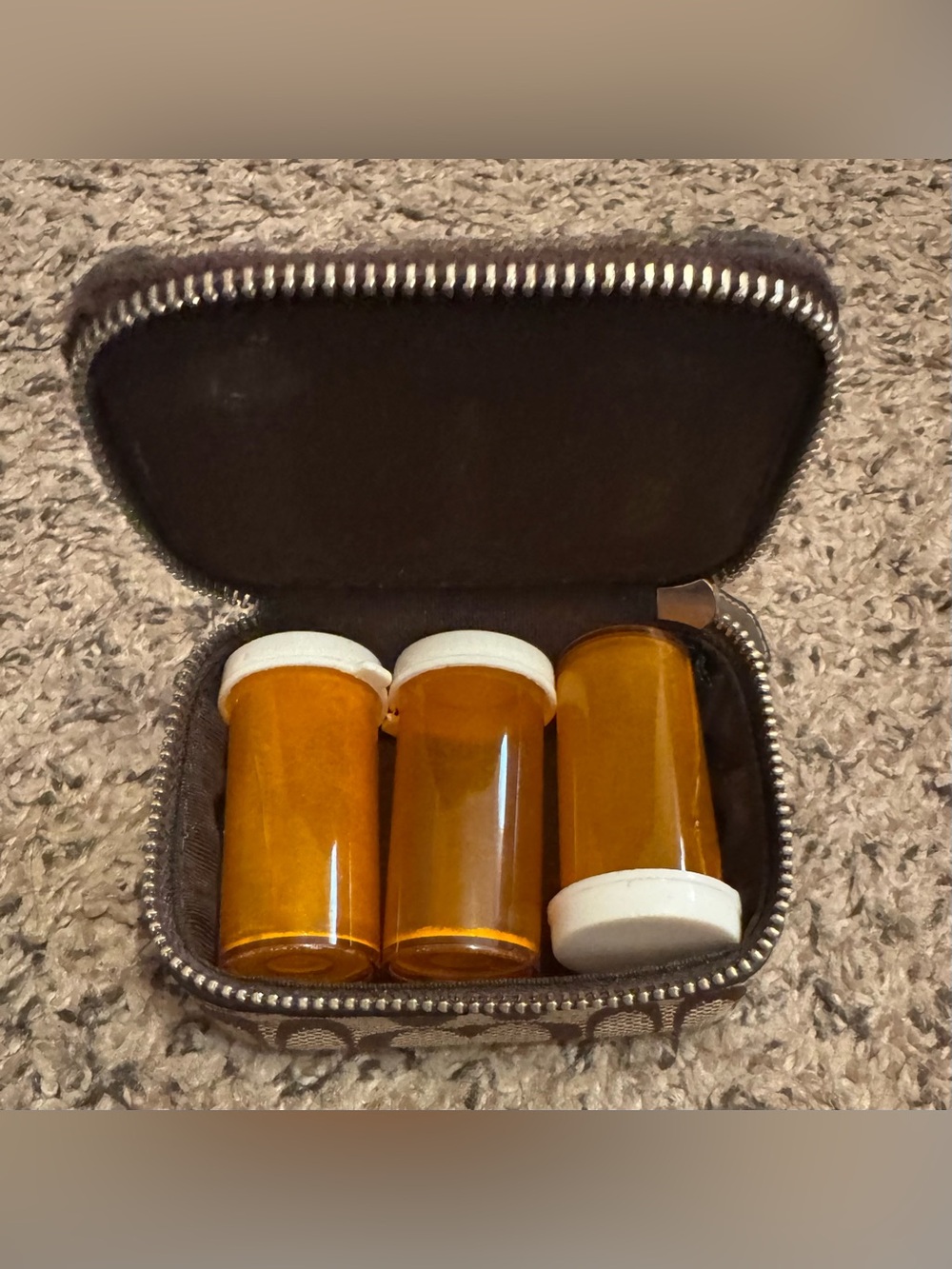 Coach Signature Pattern Small Zip Pouch with Medicine Bottles in Brown and Tan - Picture 2 of 3